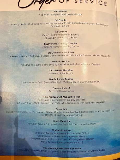 This is the program for George Floyd's memorial service at the Fountain of Praise Church in Houston on June 9, 2020. Photo: Marcy De Luna/Chron.com