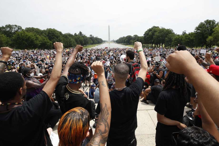 Demonstrators protest Saturday, June 6, 2020, at the Lincoln Memorial in Washington, over the death of George Floyd, a black man who was in police custody in Minneapolis. Floyd died after being restrained by Minneapolis police officers. Photo: Alex Brandon, AP / Copyright 2020 The Associated Press. All rights reserved.